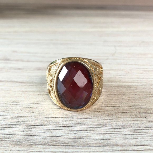 Gold Plated Mens Ring Size 10 Faceted Glass Caboch - Picture 8 of 10